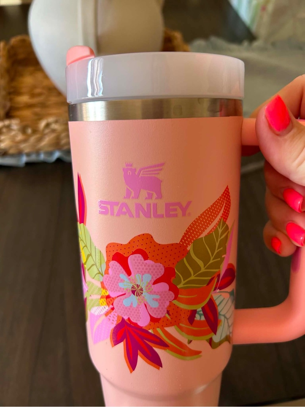 Stanley Pink Floral Travel Tumbler with Handle and Straw - Picture 3 of 4